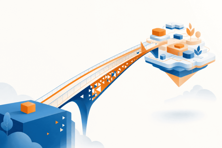 Pont menant à une île flottante fleurie, illustrant le choix entre site WordPress mensualisé ou achat