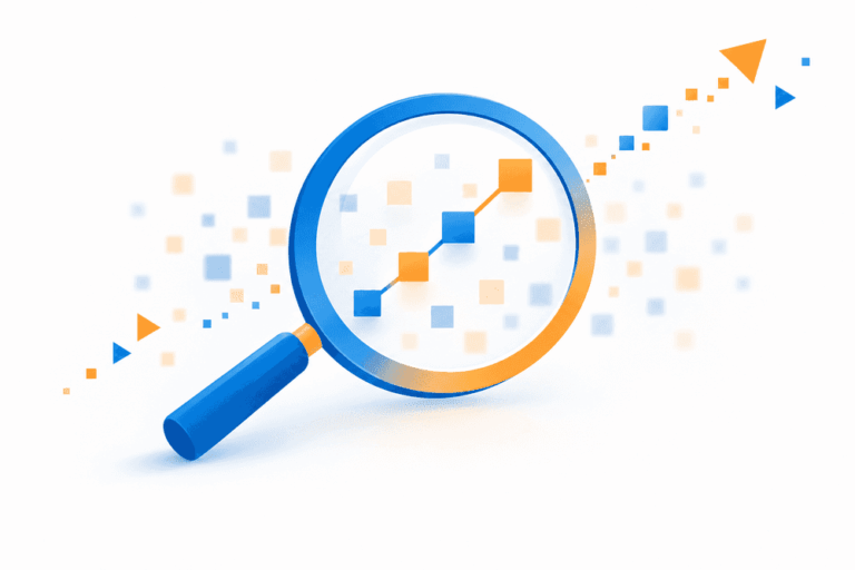 Loupe stylisée analysant des pixels connectés, symbolisant le pixel Facebook et son suivi sur une page web épurée.